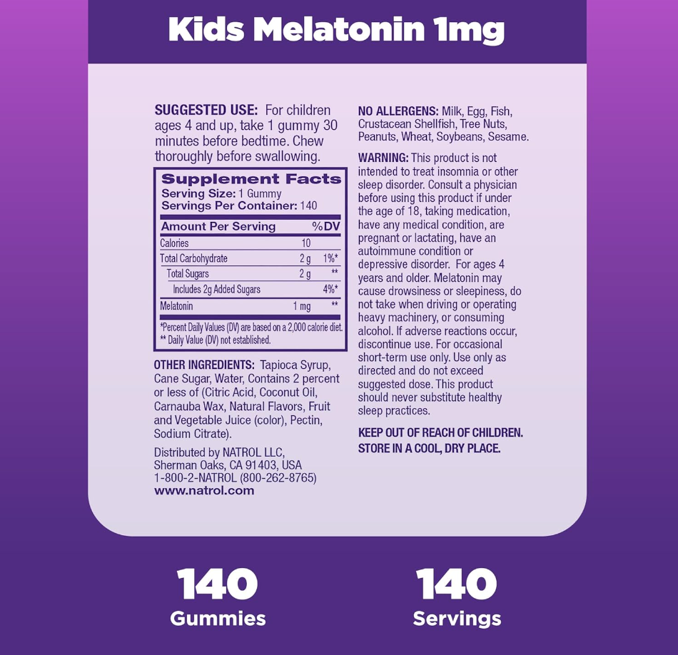 Natrol Kids Melatonin 1mg, Ages 4 and up, 140 Gummies EXP 07/2024